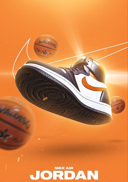A high-impact, floating sneaker shot centered in an orange atmospheric background with surrounding basketballs and a subtle Nike logo overlay.
