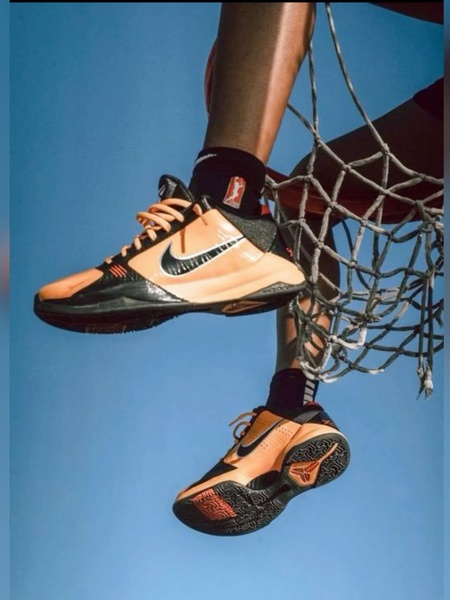 A close-up, low-angle shot of a basketball shoe resting on a hoop net against a clear blue sky, emphasizing the product's design and athletic context.