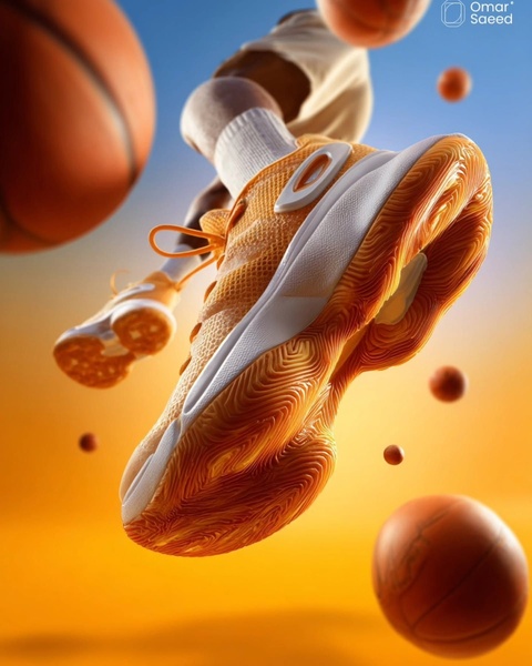 A high-performance basketball shoe is showcased in a gravity-defying, mid-air position surrounded by basketballs, highlighting the design's unique texture and athletic aesthetic.