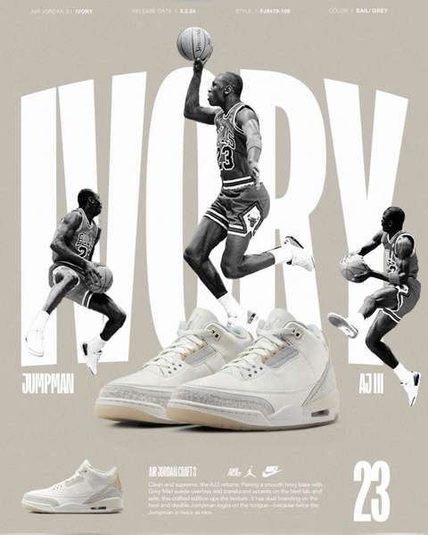 A high-fashion, clean product reveal for the Air Jordan 3 Ivory, featuring a triple-perspective action sequence and bold brand typography.