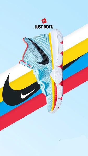 A high-angle product photograph of a light blue basketball sneaker placed against a diagonal graphic of primary-colored stripes.