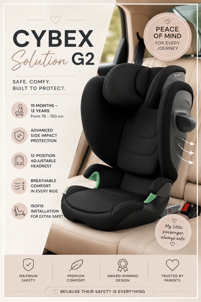 A clean, educational ad layout presenting a child car seat through its core safety and comfort features in a list format.