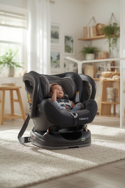A high-quality, soft-focus lifestyle image of a baby smiling comfortably in a Graco car seat, set within a bright and cozy nursery.