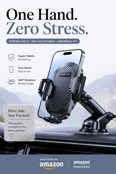 A high-contrast, benefit-led product advertisement for a car phone mount, highlighting stability and ease of operation.