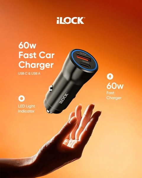 A sleek, high-contrast creative featuring a 60w fast car charger appearing to float above a hand, highlighting product specifications against a vibrant orange gradient background.