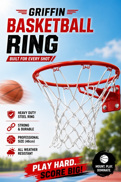 This vertical 2:3 ad uses a high-contrast hero image of a basketball ring to emphasize durability through icon-based feature listing and bold, action-oriented typography.
