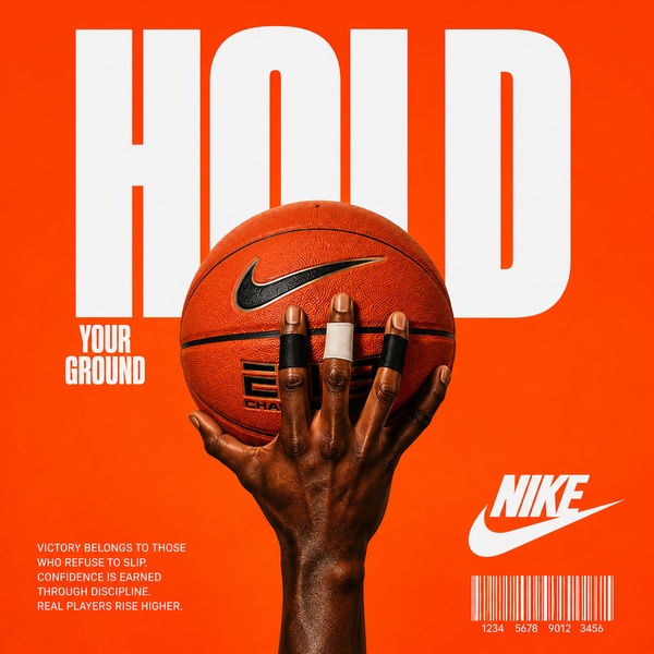 A high-contrast 1:1 image featuring a basketball held by an athlete's hand against a solid orange background with bold white typography.