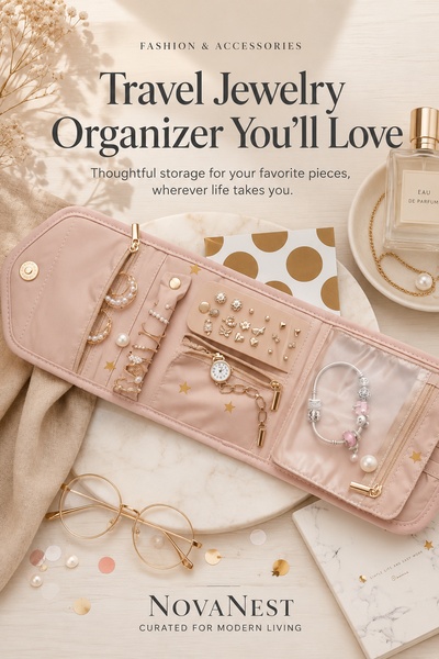 A high-quality lifestyle product shot featuring a travel jewelry organizer neatly laid out with accessories, framed by soft lighting and neutral tones.