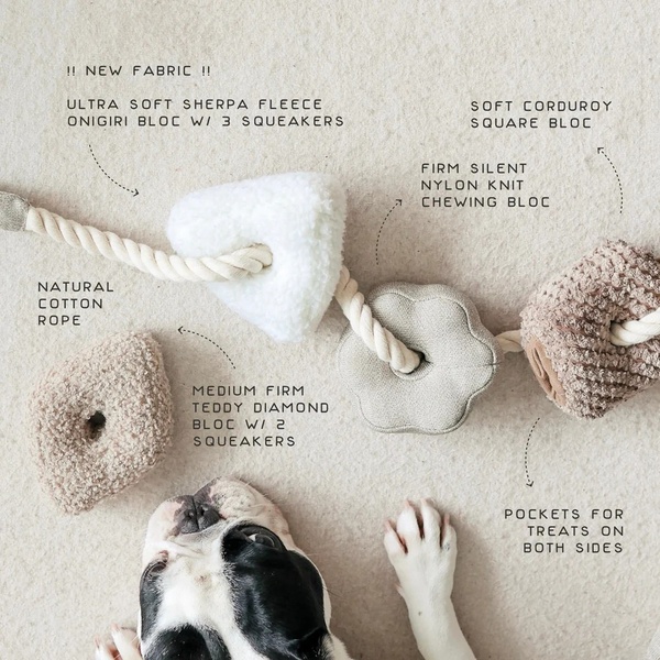 This ad creative uses a top-down, instructional layout with clear annotations to highlight the various material textures and functional features of a modular dog toy.
