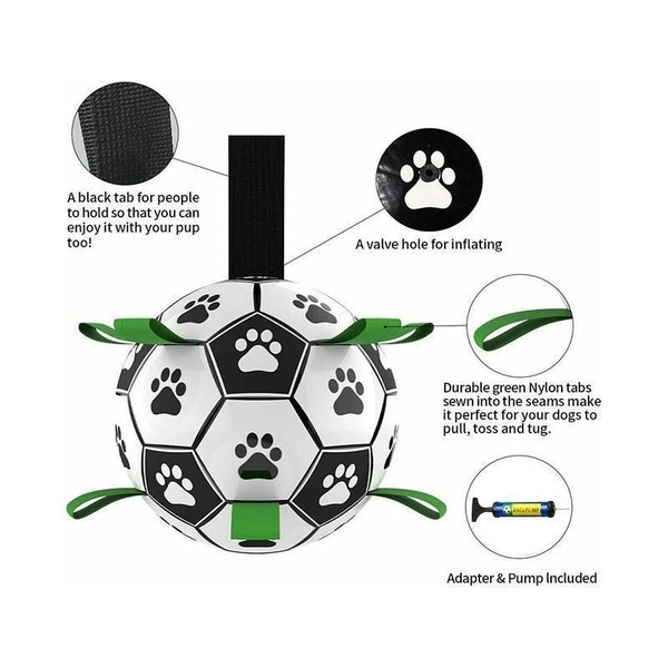 A feature-focused, 1:1 image advertisement showcasing the durability and utility of a dog soccer toy through clear, annotated callouts.