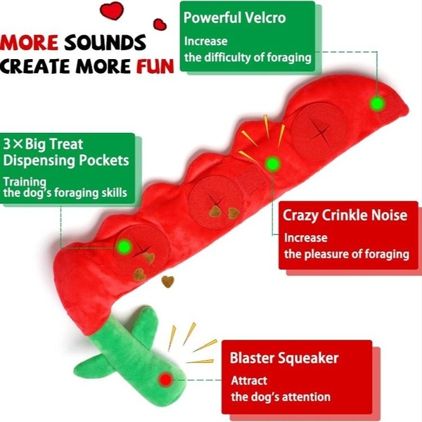 A 1:1 educational ad image that uses clean, annotated callouts to highlight the specific interactive features of a red and green fabric dog foraging toy.