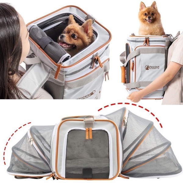 A high-clarity, three-panel composite image showcasing the portability, ventilation, and interior space of a functional pet carrier backpack.