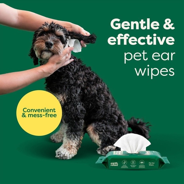 A close-up demonstration of pet ear wipes showing an easy, mess-free grooming process for dogs.
