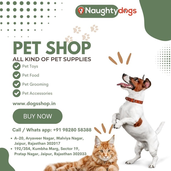 A clean, square-format ad creative featuring a dog and cat alongside a bulleted list of pet supplies, contact details, and a clear call to action.