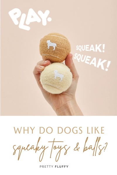 A high-contrast, minimalist studio photograph featuring a hand holding two branded tennis-style dog toys, utilizing playful typography to mimic sound.
