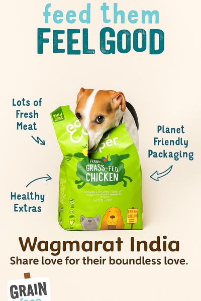A high-conversion dog food ad featuring a pet engaging with the product, using clear textual callouts for key nutritional benefits.