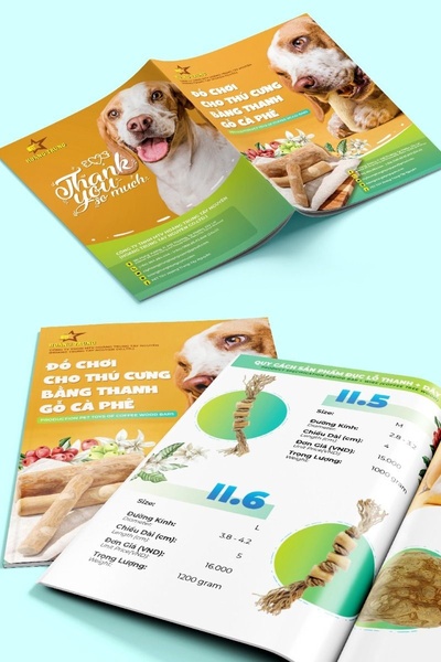 A split-view magazine style ad featuring a pet owner testimonial on one side and a detailed product specification sheet for coffee wood chew toys on the other.