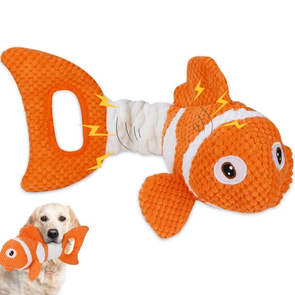 This creative showcases an interactive Squeaky Fish dog toy using high-contrast orange visuals and clear indicators of pet engagement.