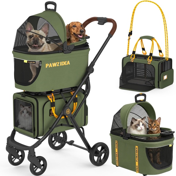 A high-conversion 1:1 image layout showcasing the modular capabilities of a pet stroller, featuring multiple pets in different configurations to highlight utility.