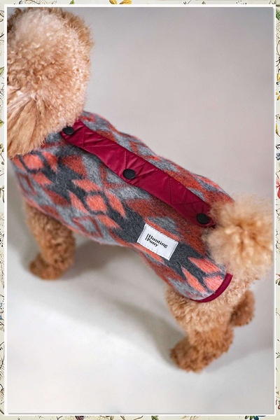 dog sweater, pet clothing, dog jacket, dog apparel, pet outerwear, product demo, lifestyle, minimalist, calm, trustworthy, neutral, brown