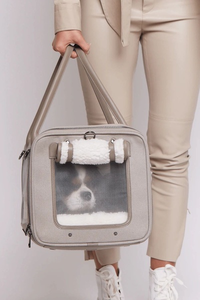 A high-end, clean product shot of a stylish pet carrier held by a person in matching beige tones, highlighting the product as an accessory.