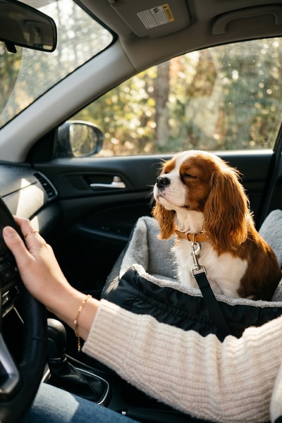 A close-up shot of a dog looking peaceful and secure in a car seat while the owner drives, highlighting comfort and safety.
