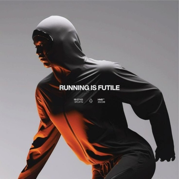 A high-contrast studio photograph of a runner wearing a hooded technical jacket with a provocative headline overlaid.