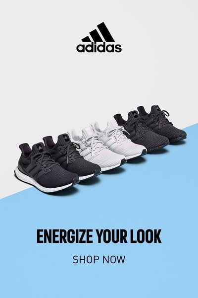 A high-contrast studio shot of five running shoes arranged in a diagonal line against a split-color background.