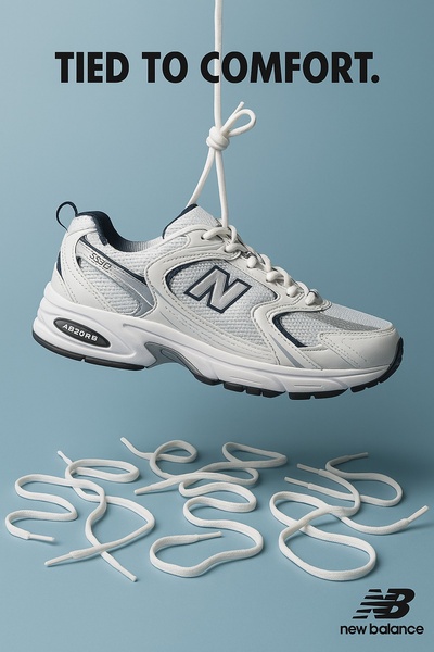 A single running shoe hangs from its own laces against a clean blue background, emphasizing lightweight comfort.