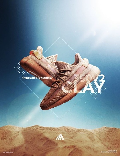 A high-end product display showcasing a pair of running shoes levitating above a sand dune against a bright, atmospheric sky.