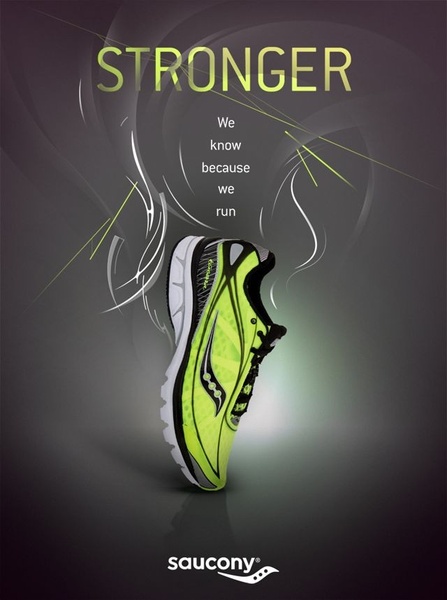 A high-impact ad featuring a single running shoe elevated by smoke-like light effects, centered text, and a strong brand call-to-action.