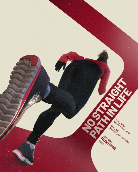 A dynamic 4:5 vertical ad featuring a close-up of a runner's shoe and leg movement, paired with motivational copy to inspire action.