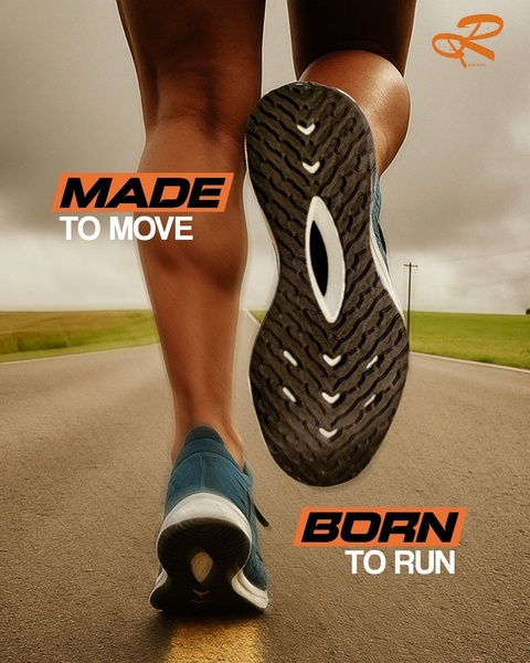 This creative features a low-angle, high-action shot of a runner's shoe mid-stride, emphasizing motion, durability, and a clear performance benefit.