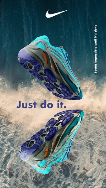 A vertical ad creative featuring a running shoe split in two halves against a dramatic, textured water background, emphasizing movement and brand identity.