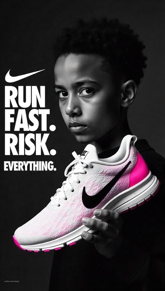 A high-contrast, black-and-white portrait of a young athlete holding a bright pink and white running shoe, featuring bold, minimalist typography.