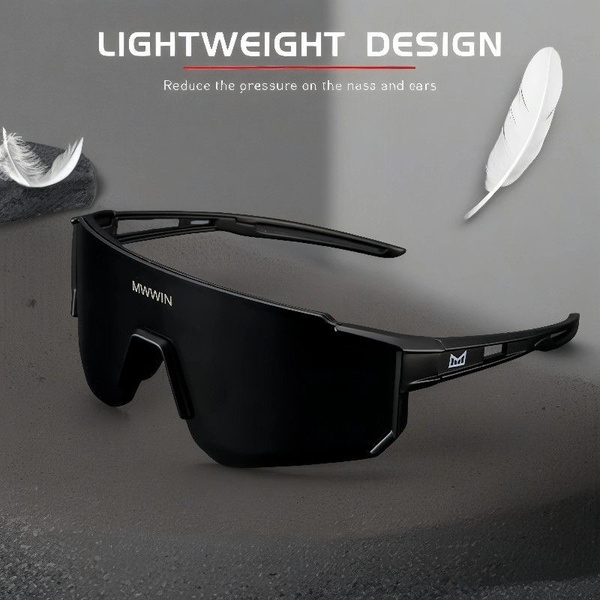 A clean, high-contrast product shot of sports sunglasses featuring feather imagery to emphasize a lightweight design and comfortable fit.