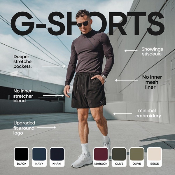 A clean, studio-lit ad creative showcasing athletic shorts with specific callouts highlighting functional features like pocket depth and fabric construction.