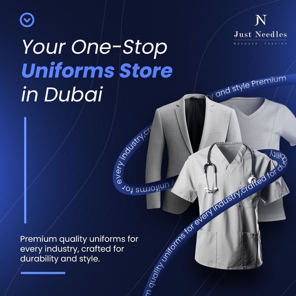 uniforms, work uniforms, professional clothing, medical scrubs, business uniforms, industrial uniforms, corporate wear, brand awareness, modern typography, trustworthy, luxurious, blue, neutral