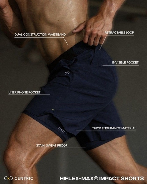 A close-up, high-contrast action shot of running shorts using clear callout text to highlight six specific product features.