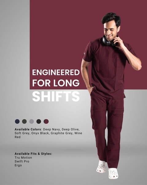 scrubs, medical uniforms, healthcare clothing, work uniforms, nursing scrubs, product launch, minimalist, trustworthy, red, neutral