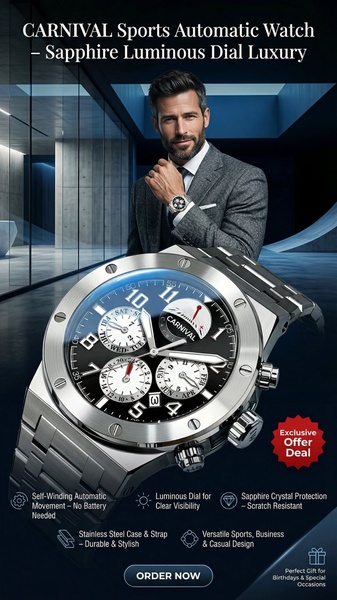 automatic watch, sports watch, luxury watch, chronograph watch, steel watch, sapphire watch, carnival watch, product launch, brand awareness, editorial, luxurious, trustworthy, blue, neutral