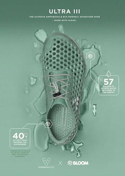 A minimalist, high-contrast product shot of an amphibious shoe floating on water, using callout annotations to quantify its positive environmental impact.