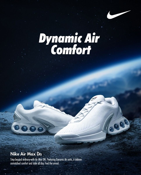 A surreal, high-contrast creative featuring a running shoe placed on a moon-like surface with an earth-rise backdrop.