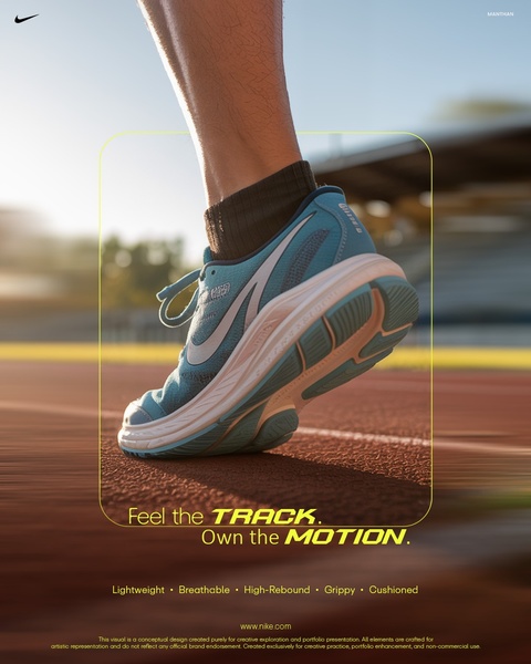 A close-up, low-angle shot of a running shoe mid-stride on a track, emphasizing motion and performance through crisp, focused framing.