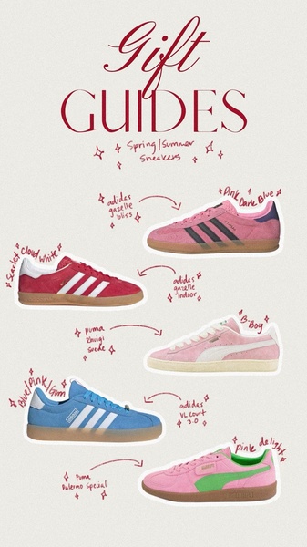A curated collection of seasonal sneakers presented as a gift guide, utilizing handwritten accents and simple annotations to highlight specific models.