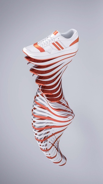 A high-concept, 3D-rendered visual of a white and orange running shoe deconstructed into a swirling, vortex-like formation against a soft gray background.