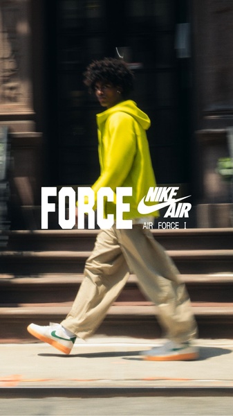 A vertical-format ad featuring a model in casual streetwear walking down urban steps, emphasizing the product's integration into daily life.