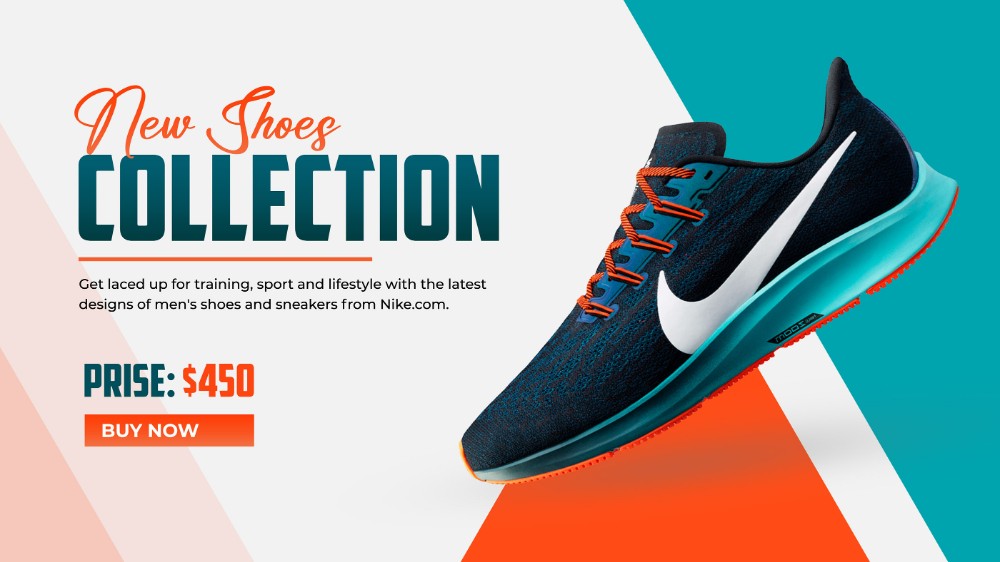 A clean, high-impact ad featuring a single running shoe set against a split-color diagonal background with clear pricing and a call-to-action button.
