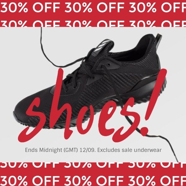 A square-format static ad featuring a black running shoe on a white background with bold red 30% off messaging and a clear expiration date.