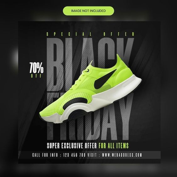A high-contrast 1:1 square advertisement for a lime green running shoe featuring a clear 70% off discount and strong Black Friday branding.
